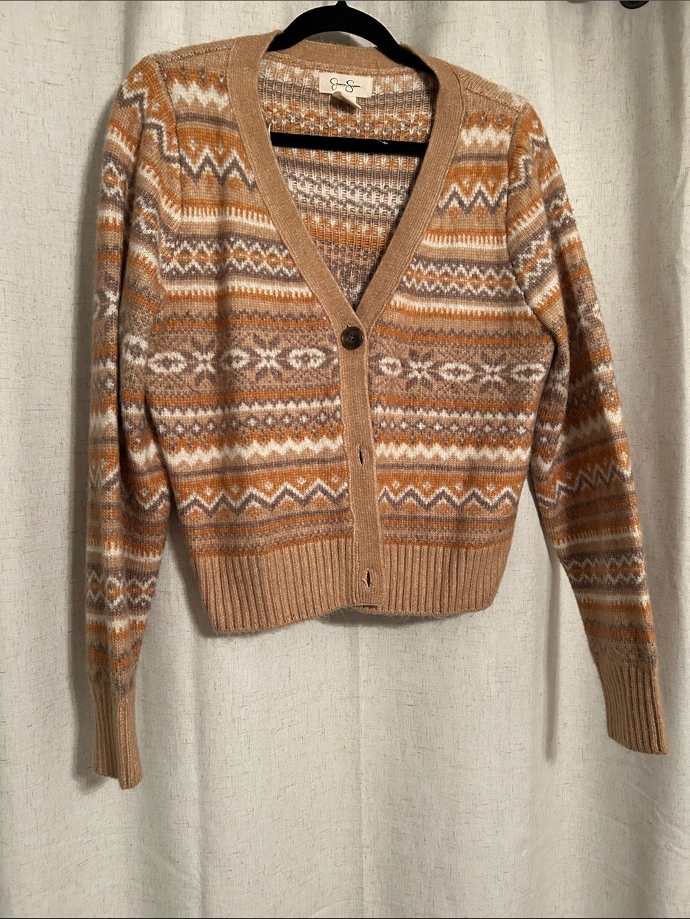 Jessica Simpson Camel Multi Fair Isle V‑Neck Cardigan